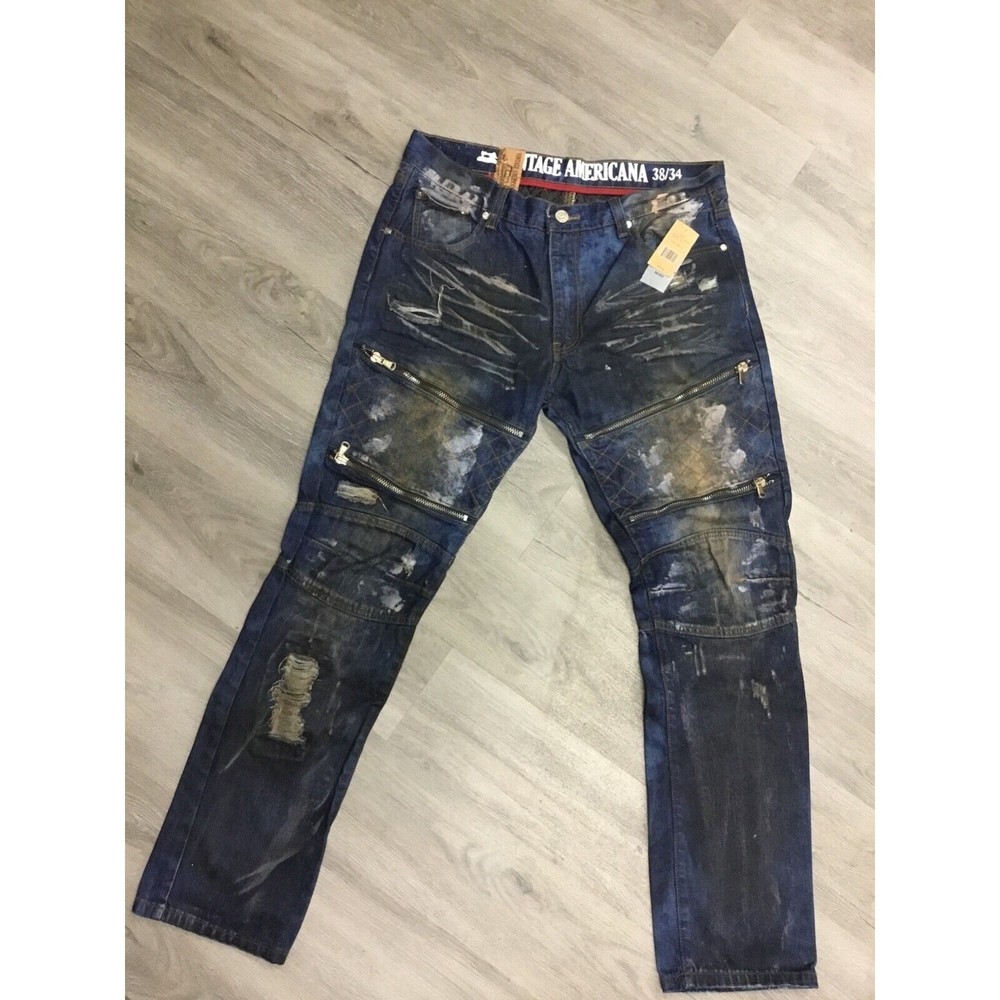 Vintage Americana Tan Wash Distressed Zippered Jeans 38 MENS NEW